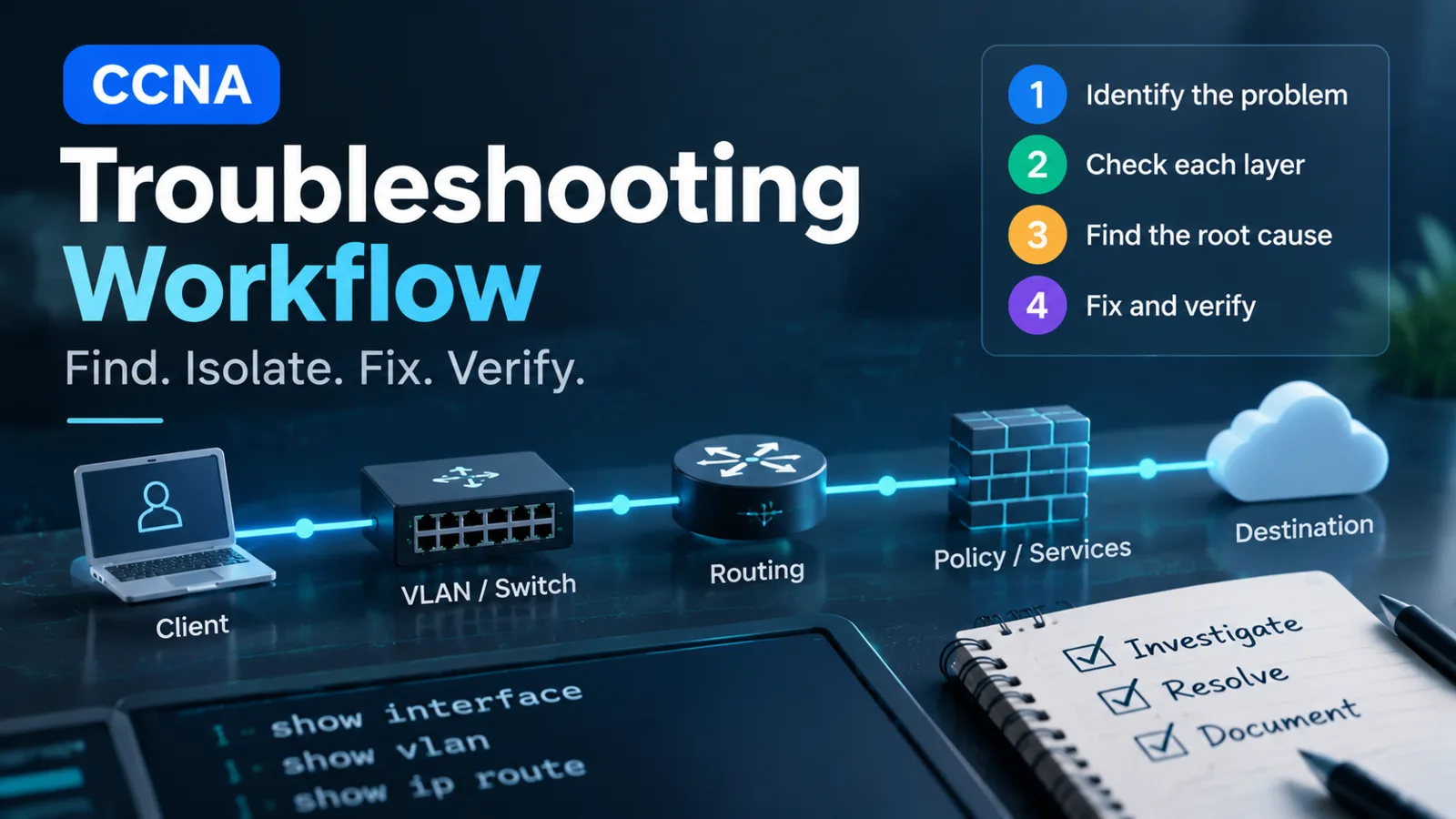 CCNA Troubleshooting Workflow for Interfaces, VLANs, Routing, and Services